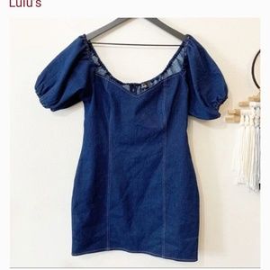 Lulu’s everyday flirt dark wash puff sleeve mini dress